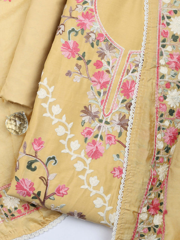 Embroidered Chanderi Unstitched Suit With Pant &amp; Dupatta