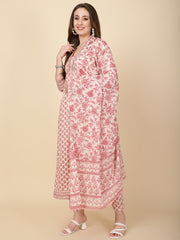 Floral Printed Cotton Kurta With Pants & Dupatta