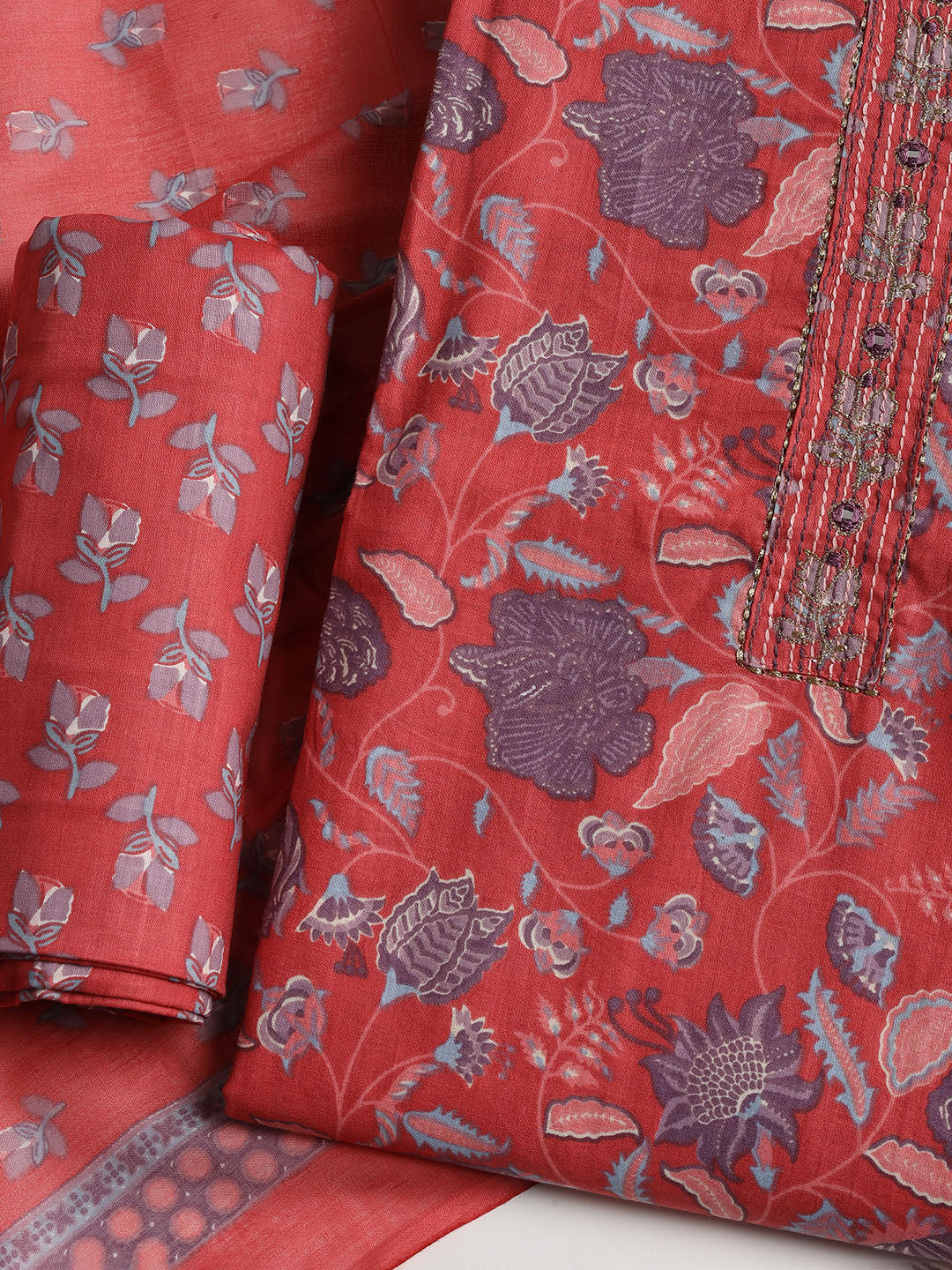 Printed Cotton Blend Unstitched Suit With Dupatta