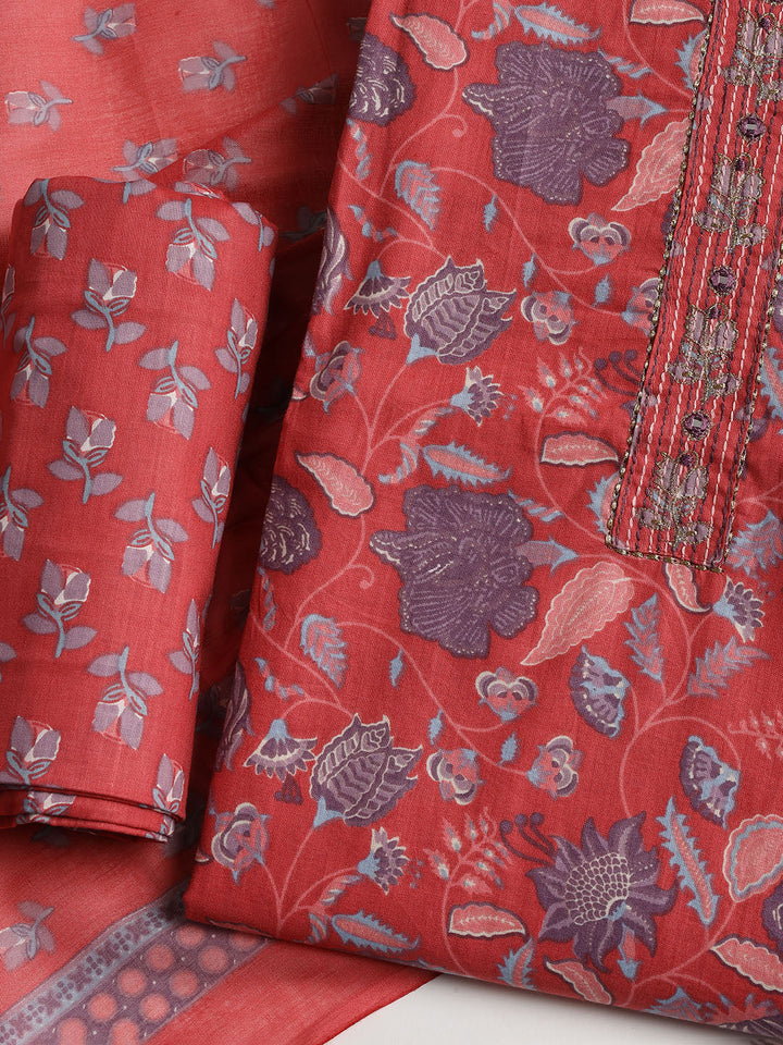 Printed Cotton Blend Unstitched Suit With Dupatta