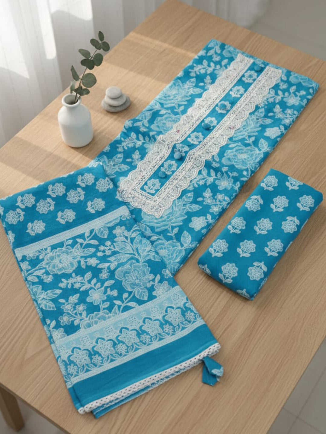Printed Cotton Blend Unstitched Suit With Pant &amp; Dupatta