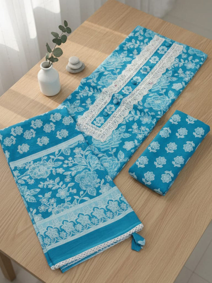 Printed Cotton Blend Unstitched Suit With Pant &amp; Dupatta