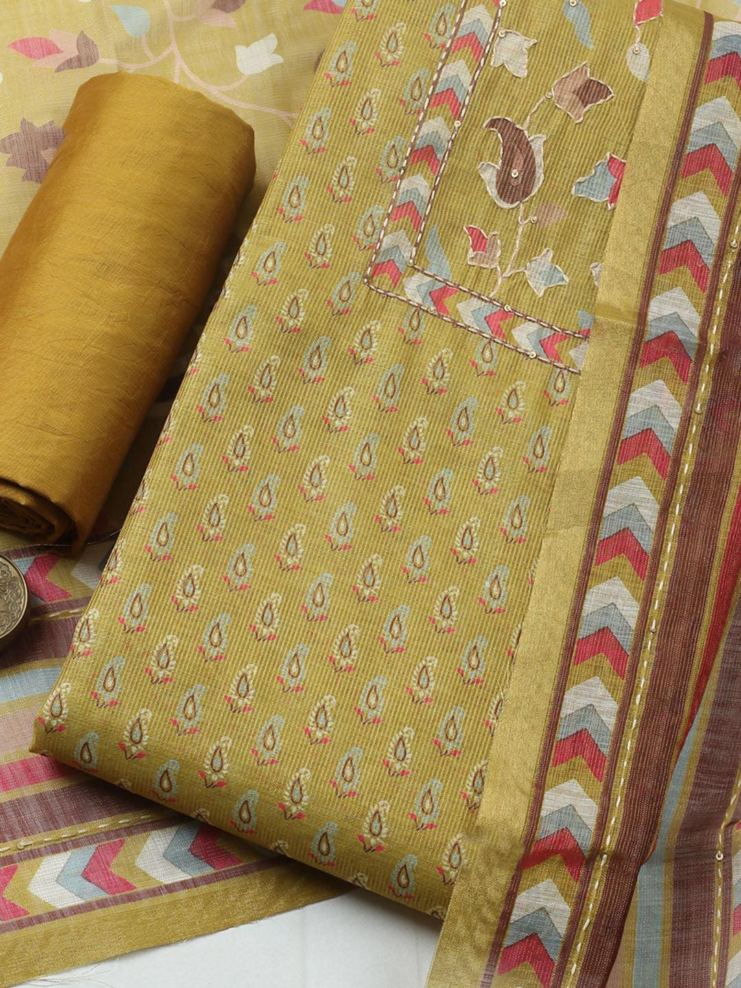 Embroidered Tissue Unstitched Suit With Pant &amp; Dupatta