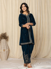 Zari Neck Embroidered Velvet Kurta With Pants