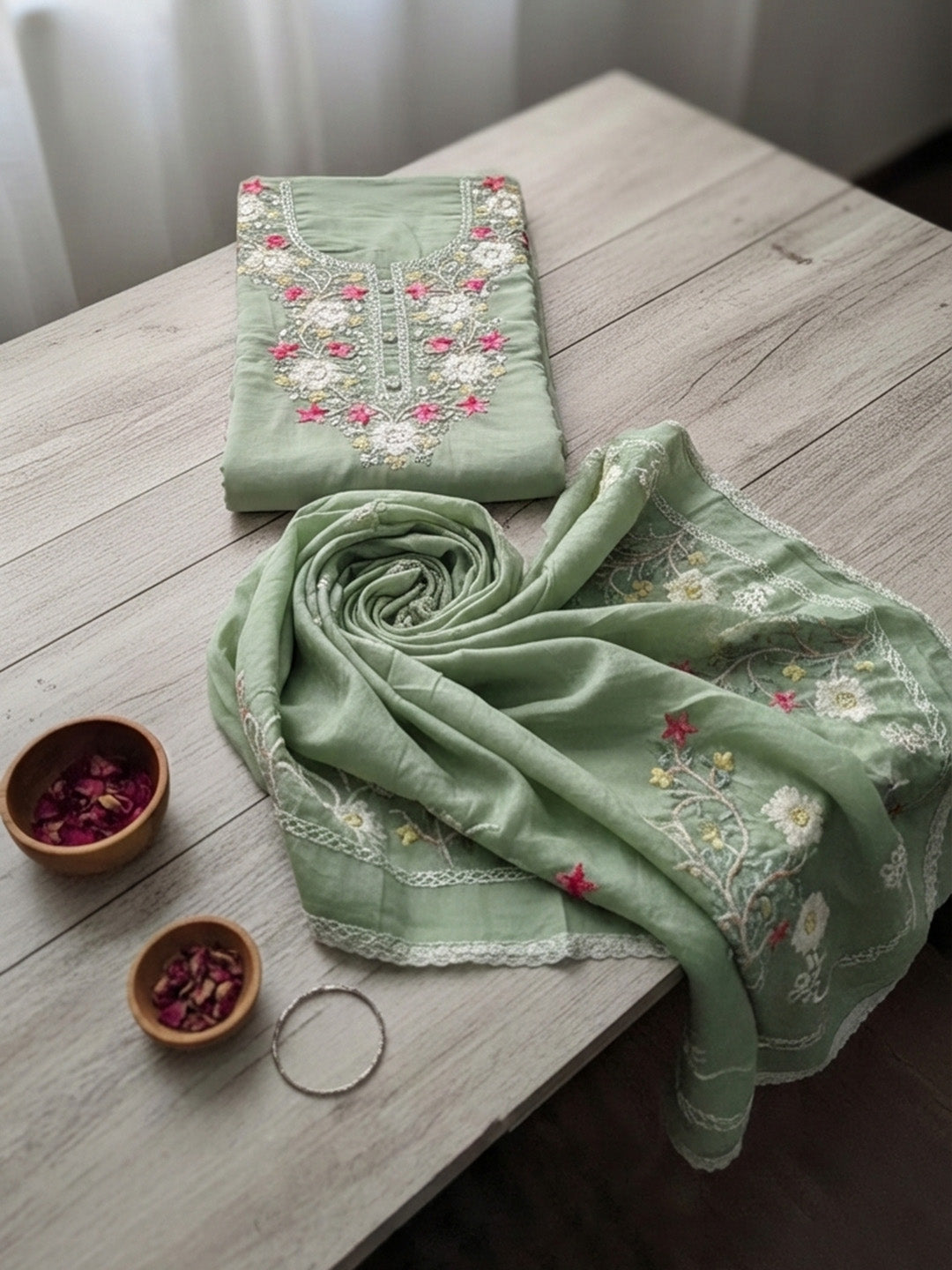 Embroidered Cotton Blend Unstitched Suit With Pant &amp; Dupatta