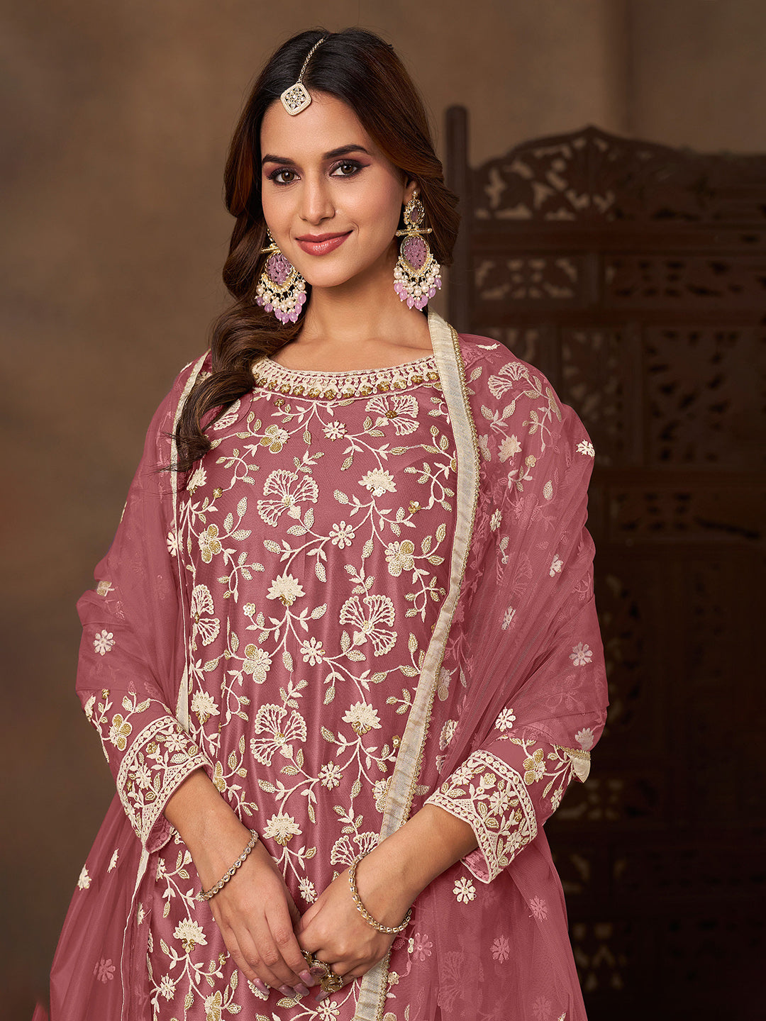 Embroidered Net Semi Stitched Kurta With Plazzo &amp; Dupatta