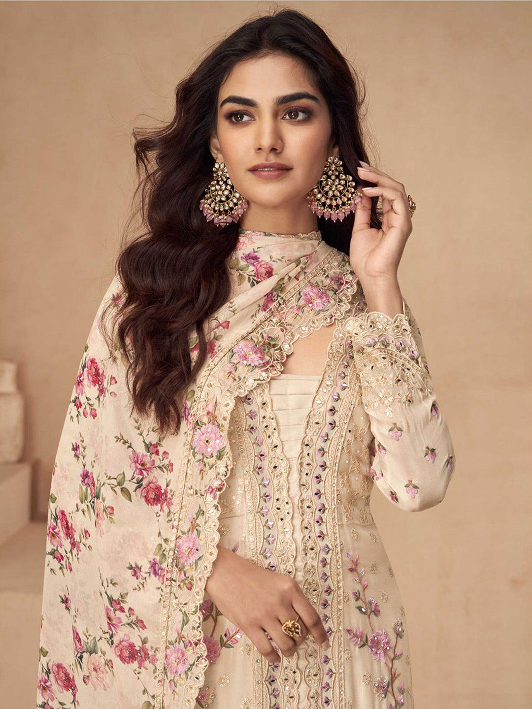 Embroidered Chinon Silk Kurta With Plazzo &amp; Dupatta