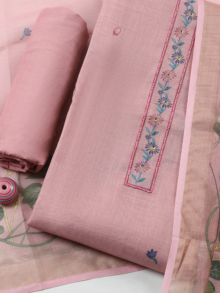 Printed Linen Blend Unstitched Suit With Pant &amp; Dupatta