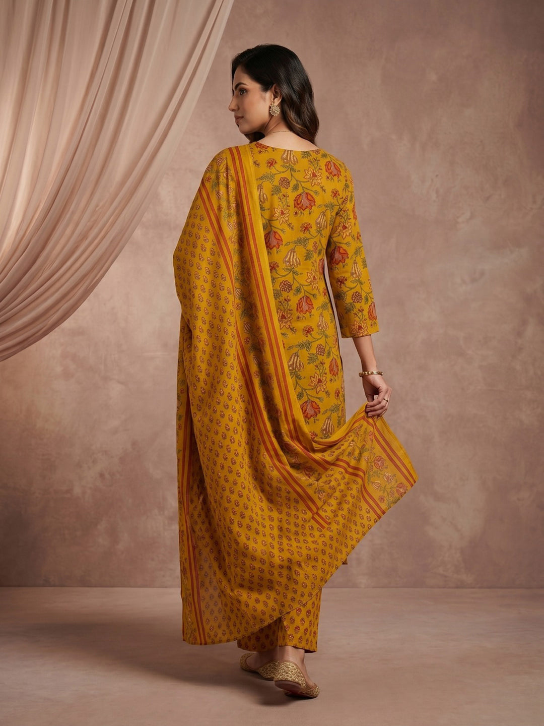Mustard Embroidered Cotton Blend Straight Round Neck Suit Set