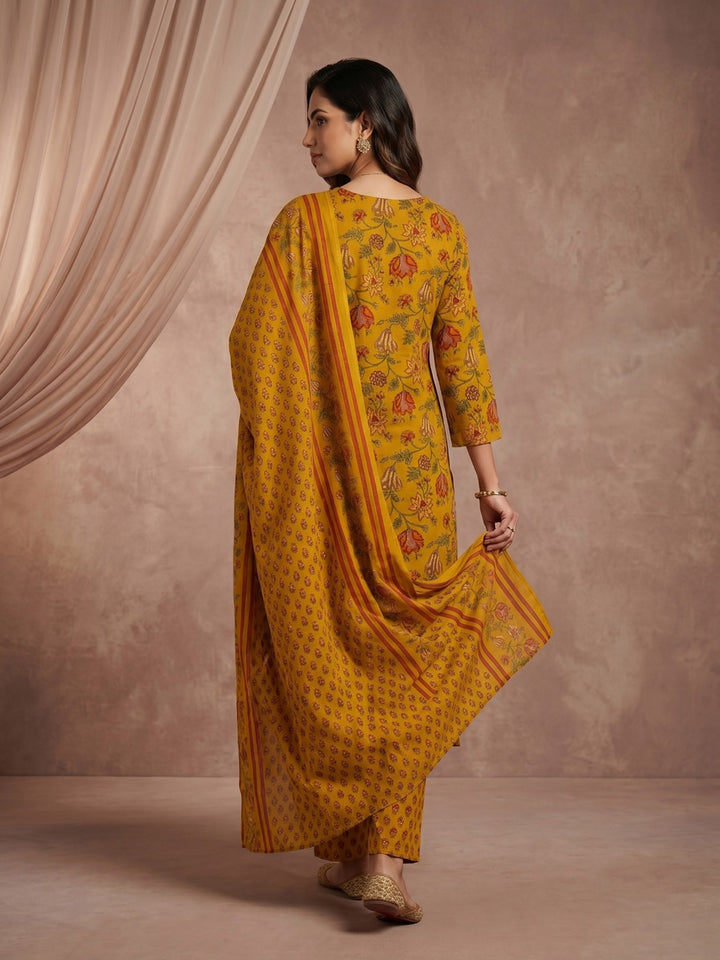 Mustard Embroidered Cotton Blend Straight Round Neck Suit Set