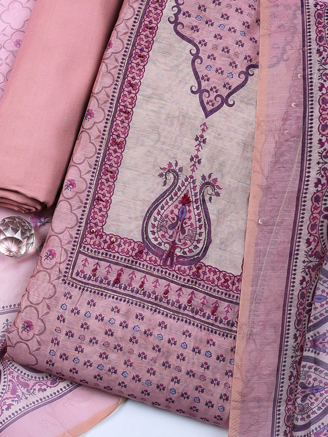 Embellished Chanderi Unstitched Suit With Pant &amp; Dupatta