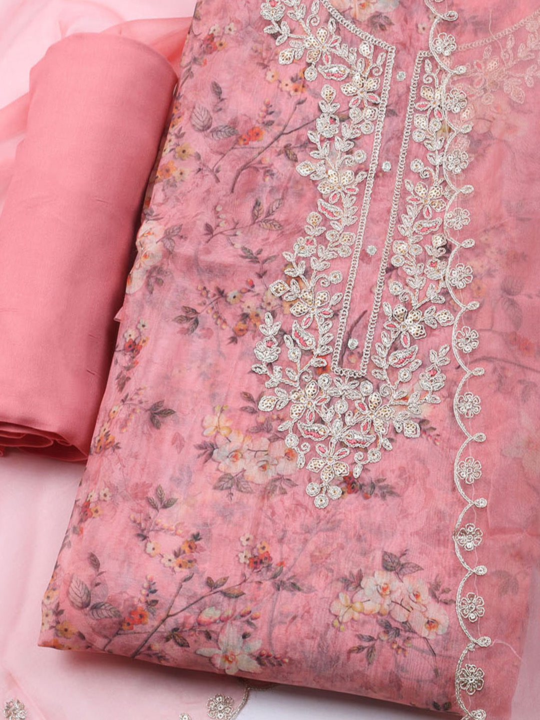 Neck Embroidered Organza Unstitched Suit With Dupatta