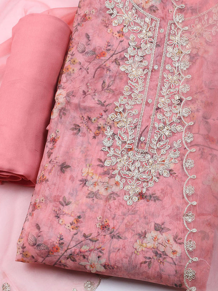 Neck Embroidered Organza Unstitched Suit With Dupatta