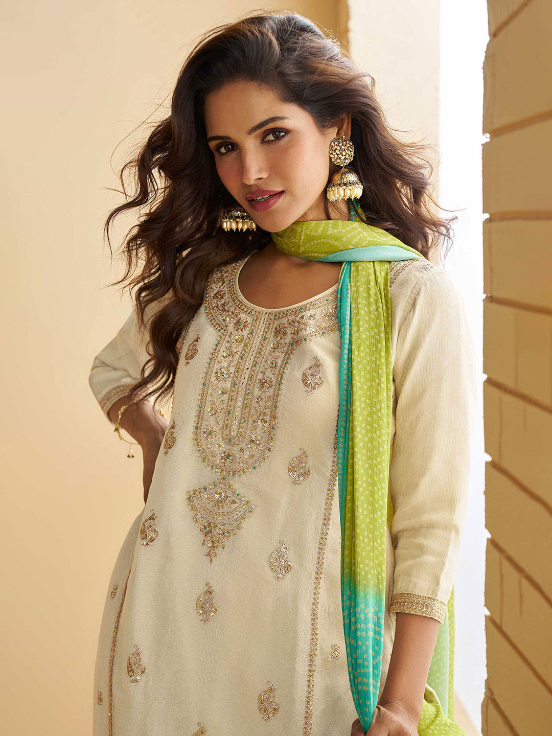 Embroidered Chinon Suit With Pant &amp; Dupatta