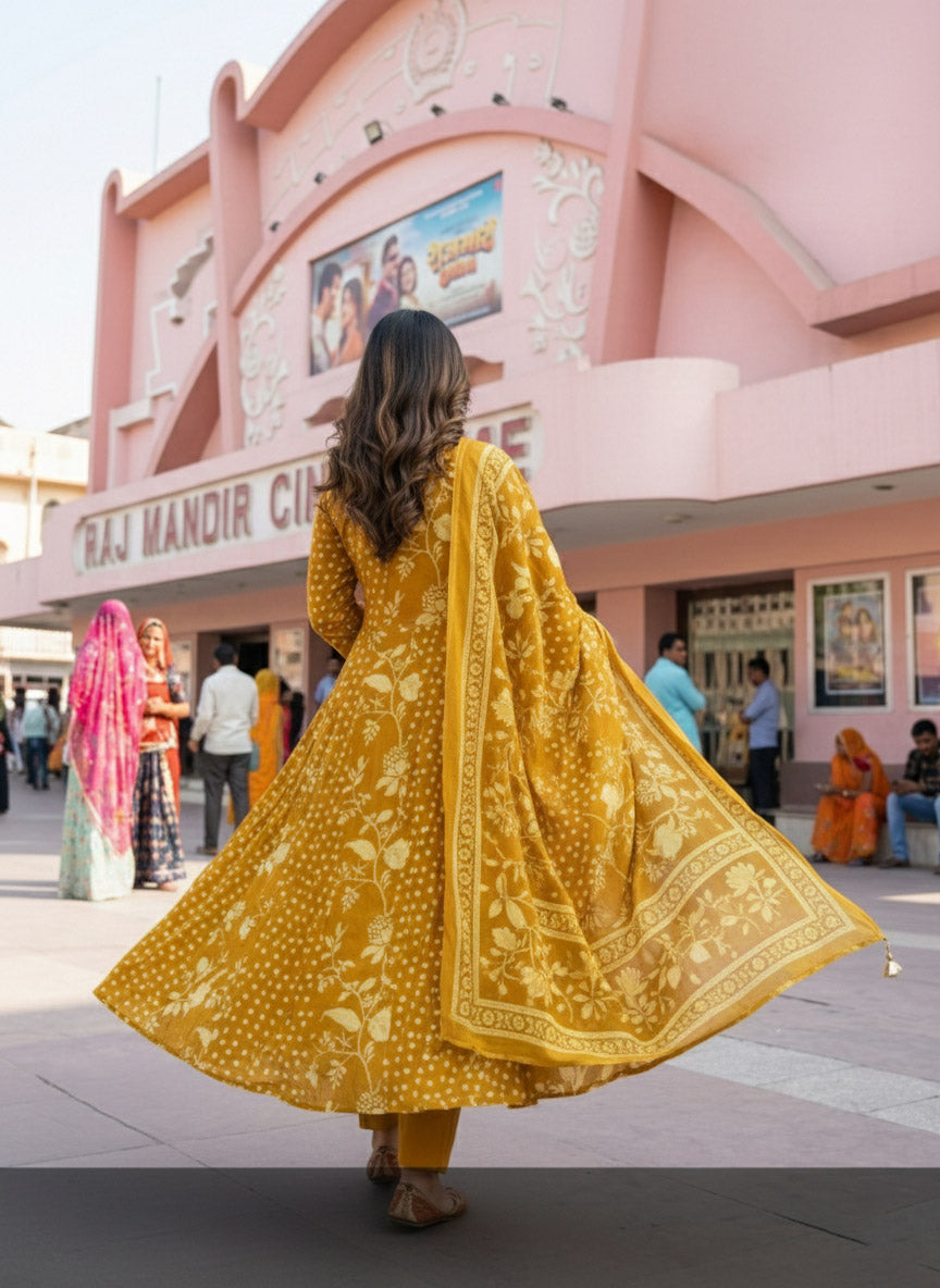 Mustard Cotton Blend Printed A Line Suit Set