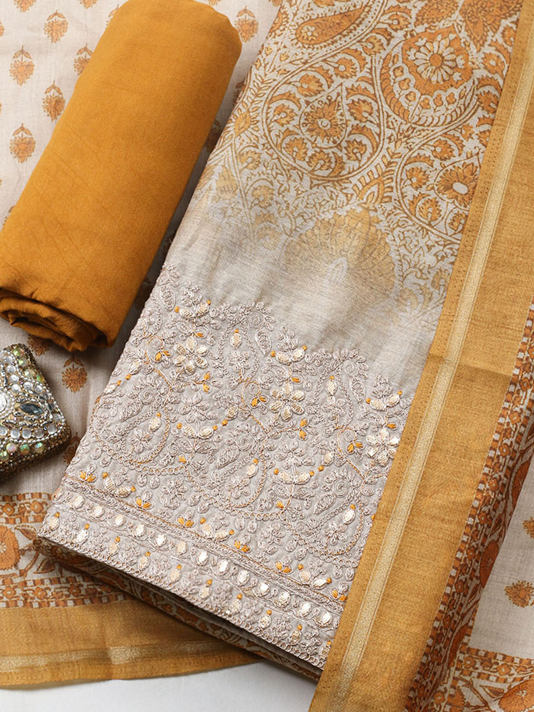 Printed Cotton Blend Unstitched Suit With Pant &amp; Dupatta