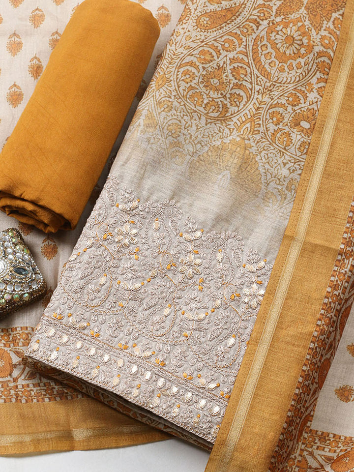 Printed Cotton Blend Unstitched Suit With Pant &amp; Dupatta