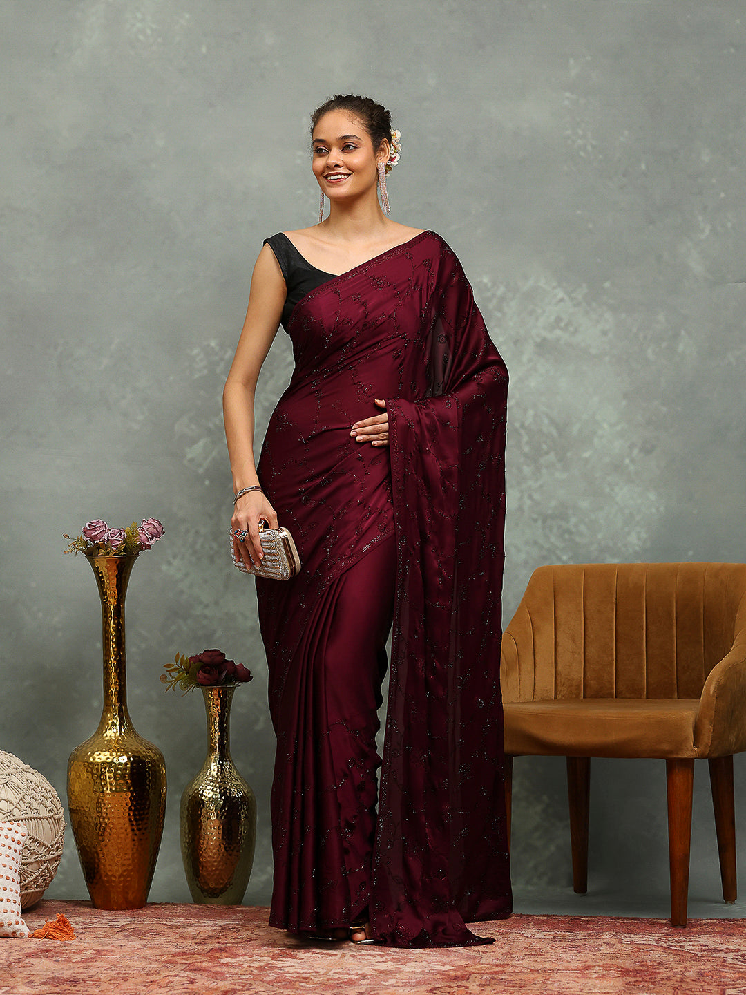 Stone Embroidered Satin Saree