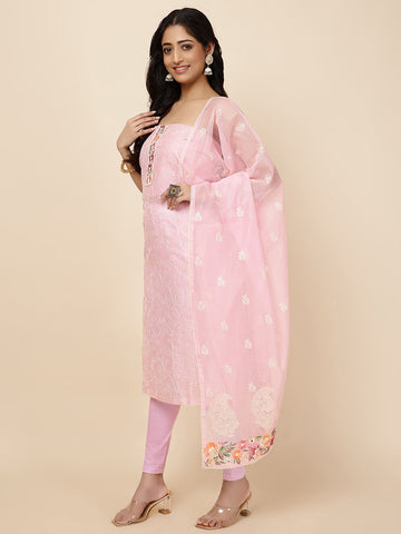 Neck Patti Cotton Blend Unstitched Suit With Dupatta