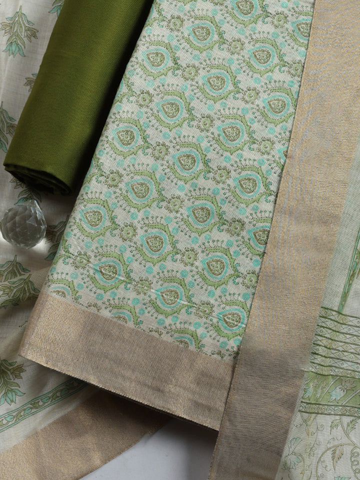 Printed, Chanderi Unstitched Suit With Pant &amp; Dupatta