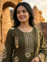 Embroidered Cotton Blend Kurta With Pant & Dupatta