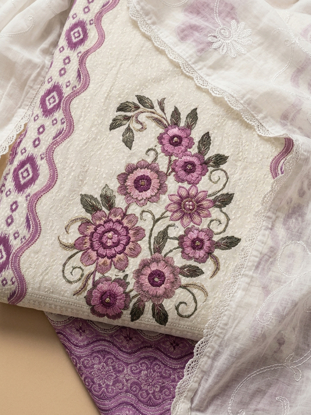 Purple Printed Cotton Blend Unstitched Suit With Pant &amp; Dupatta