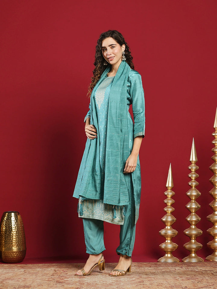 Embroidered Cotton Kurta With Pant &amp; Dupatta