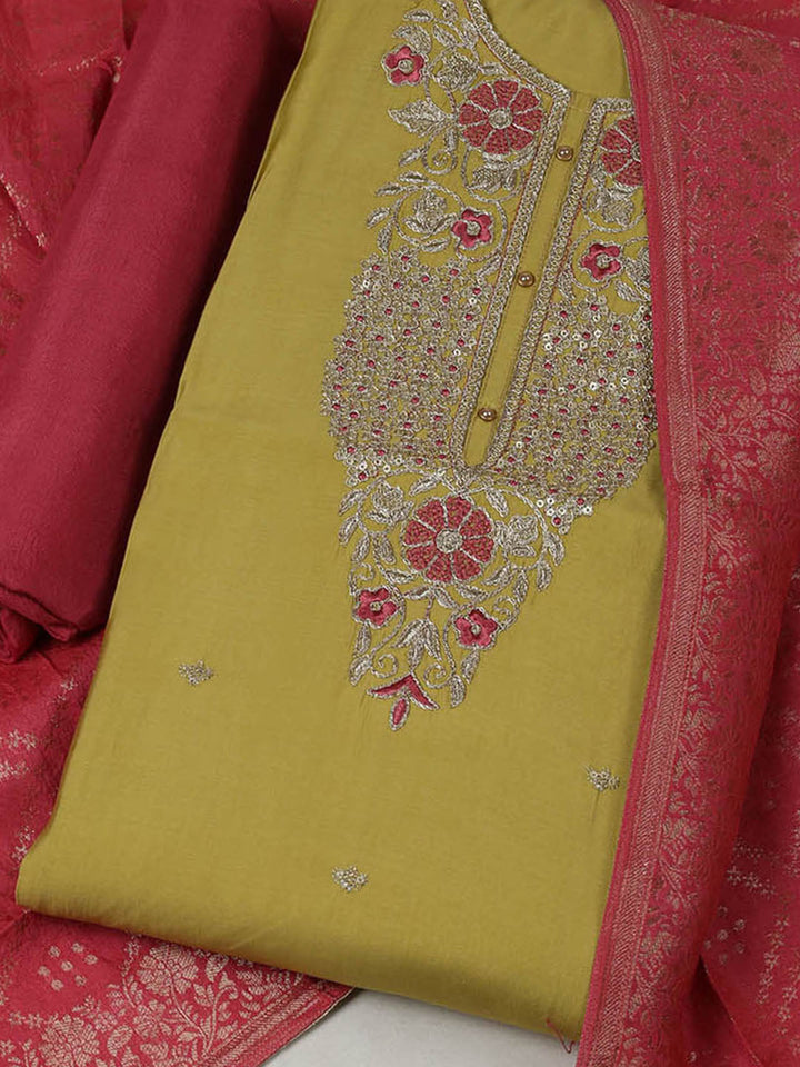 Embroidered Chanderi Unstitched Suit With Pant &amp; Dupatta