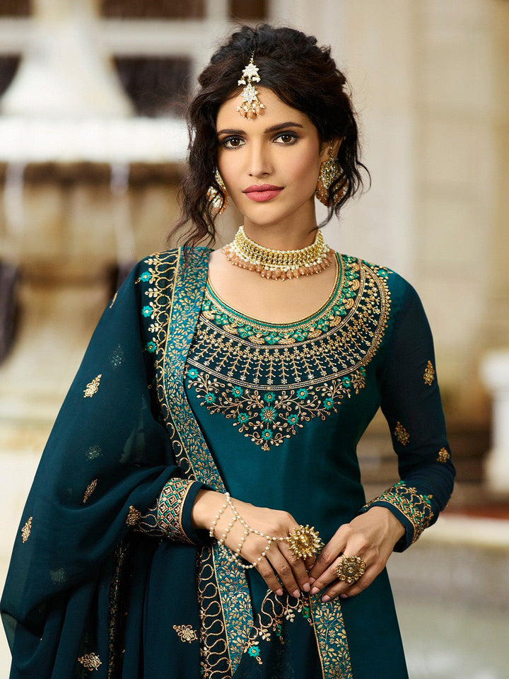 Embroidered Net Semi Stitched Suit With Pant &amp; Dupatta