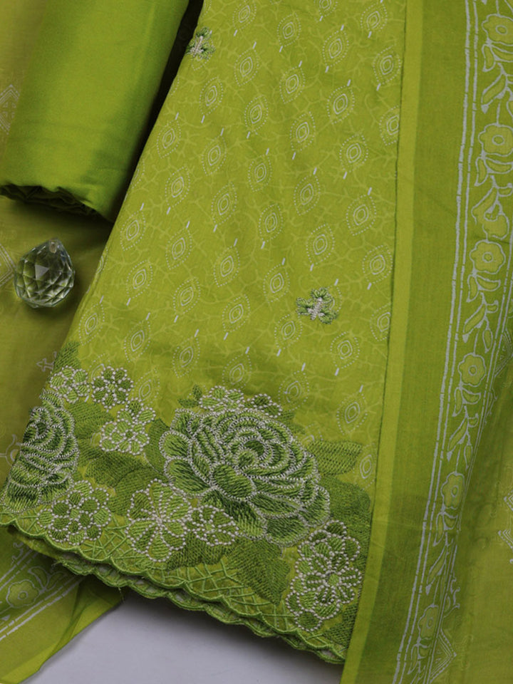 Printed Cotton Blend Unstitched Suit With Pant &amp; Dupatta