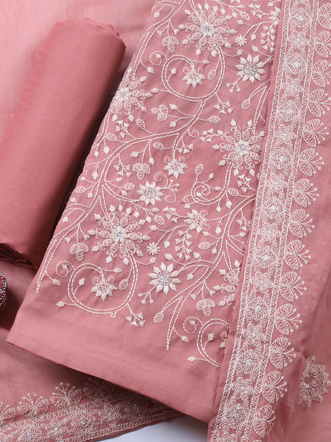 Embroidered Chanderi Unstitched Suit With Pant &amp; Dupatta