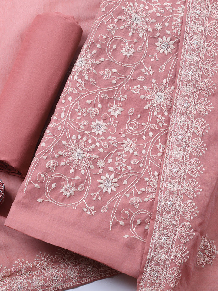 Embroidered Chanderi Unstitched Suit With Pant &amp; Dupatta