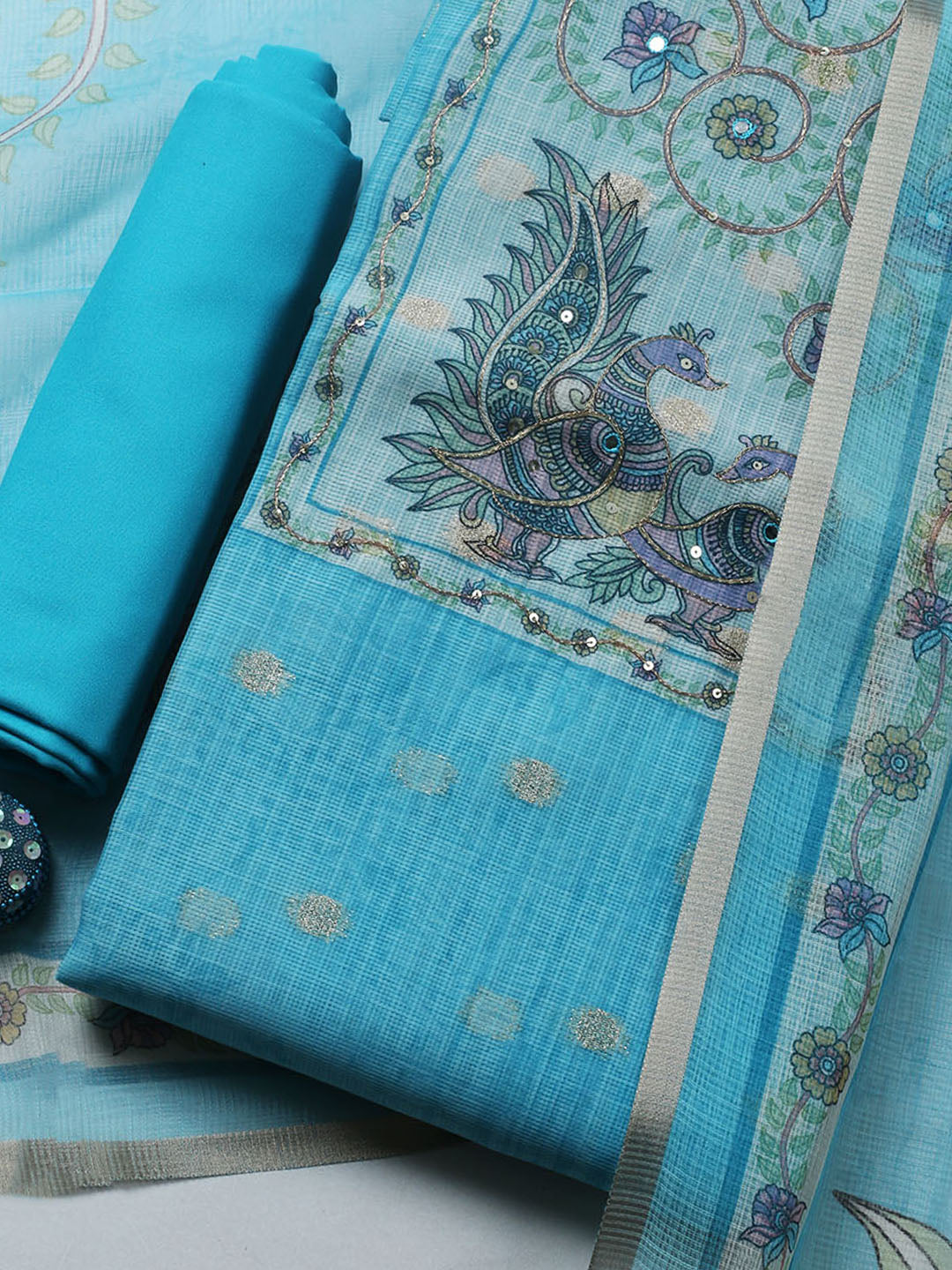 Embroidered Cotton Blend Unstitched Suit With Pant &amp; Dupatta