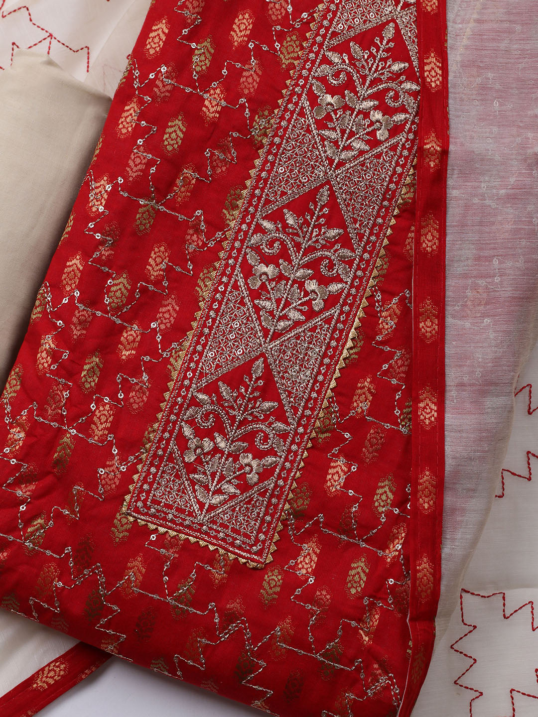 Neck Embroidered Cotton Blend Unstitched Suit With Dupatta