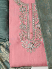Embroidered Chanderi Pink Unstitched Suit With Pant & Dupatta
