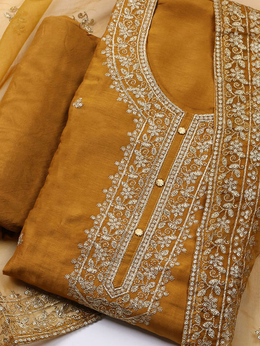 Neck Embroidered Chanderi Unstitched Suit With Dupatta