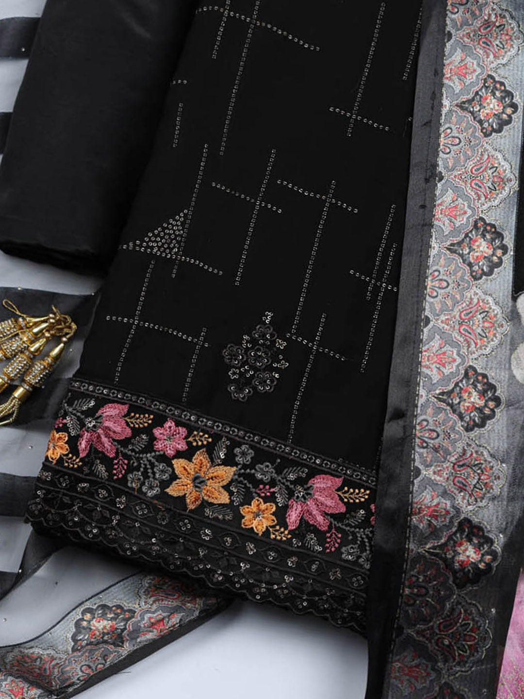 Woven Design Georgette Unstitched Suit With Pant &amp; Dupatta