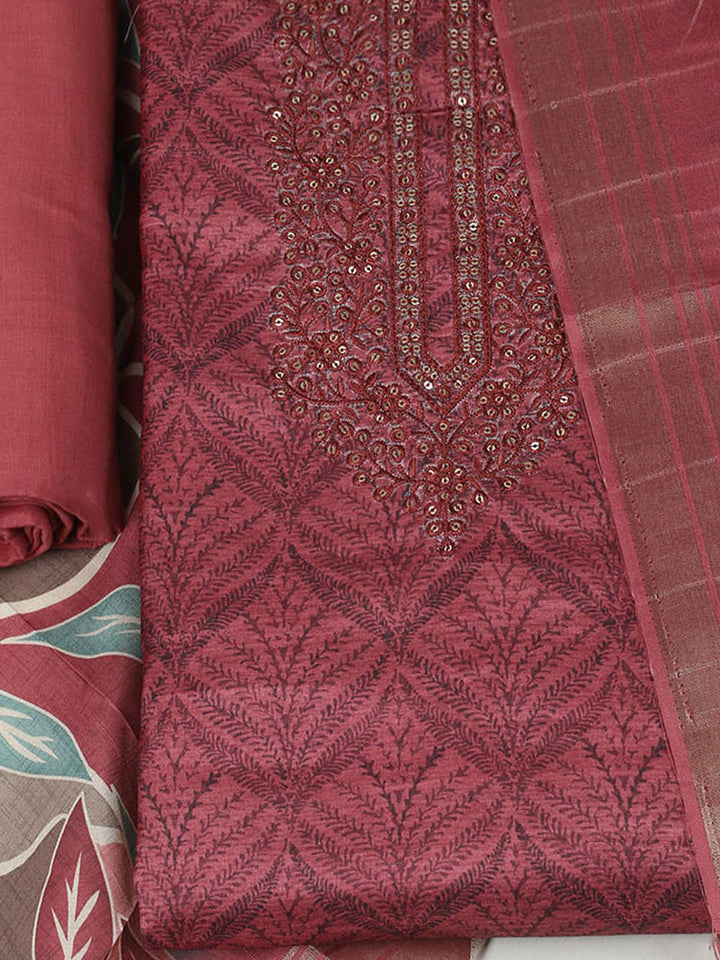 Embroidered Cotton Unstitched Suit With Pant &amp; Dupatta