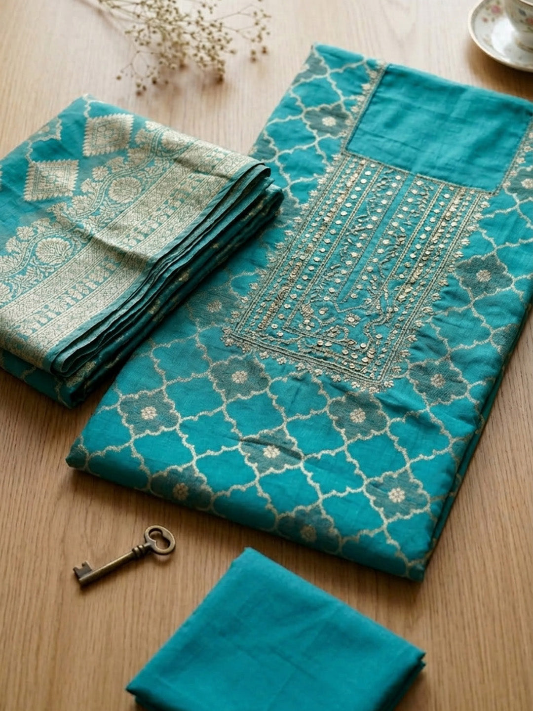 Embroidered Chanderi Unstitched Suit With Pant &amp; Dupatta