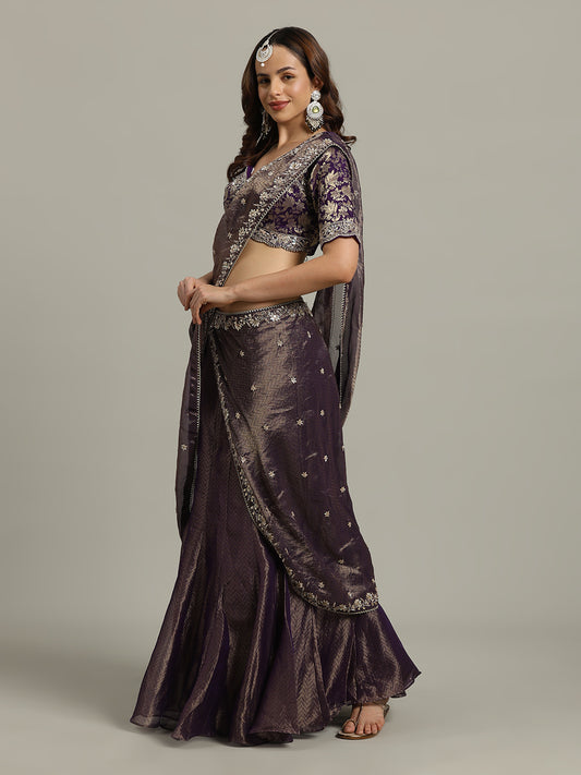 Embroidered Tissue Choli With Lehenga & Dupatta