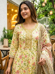 Printed Cotton Blend Suit With Pant & Dupatta