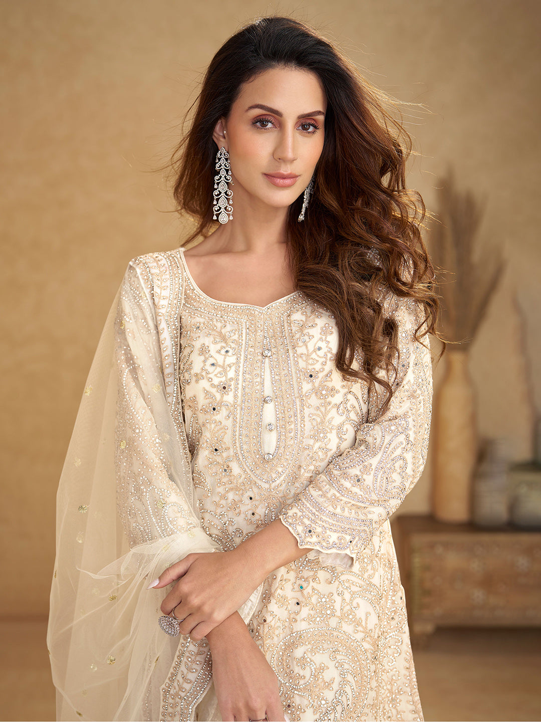 Embroidered Net Kurta With Plazzo &amp; Dupatta