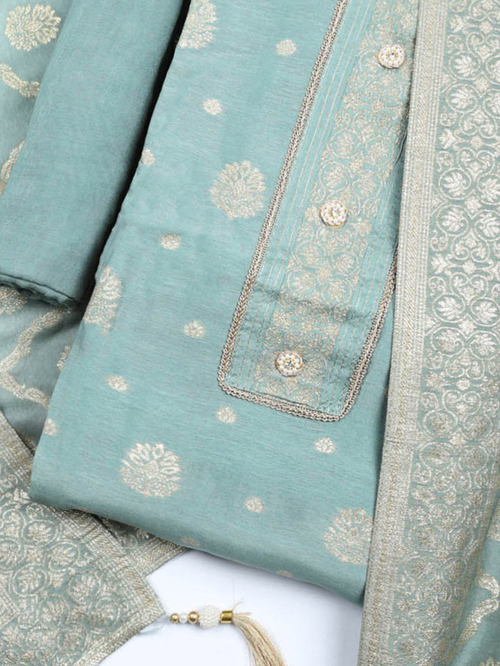 Embroidered Chanderi Unstitched Suit With Pant &amp; Dupatta