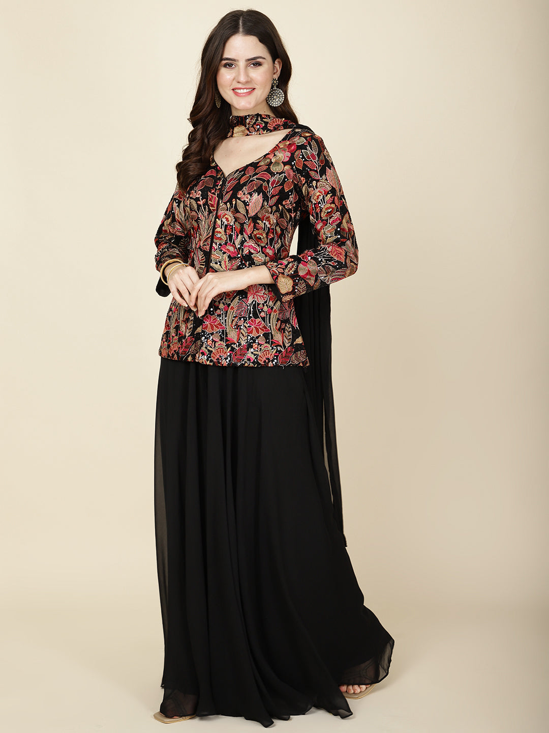 Resham Embroidered Georgette Jacket Style Top With Sharara & Dupatta