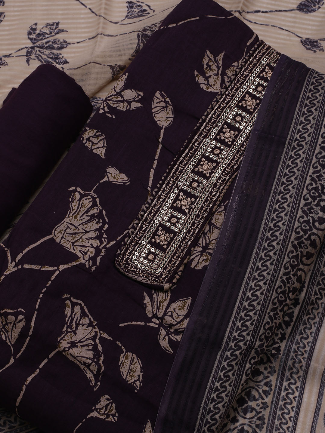 Patch Neck Cotton Blend Unstitched Suit With Dupatta