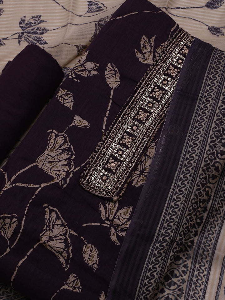 Patch Neck Cotton Blend Unstitched Suit With Dupatta