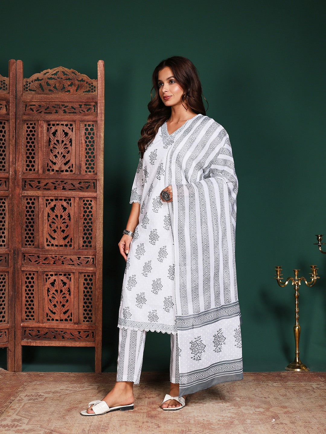 Printed Cotton Blend Kurta With Pant &amp; Dupatta