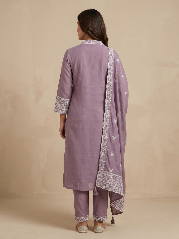 Lavender Embroidered Cotton Blend Straight Round Neck Suit Set