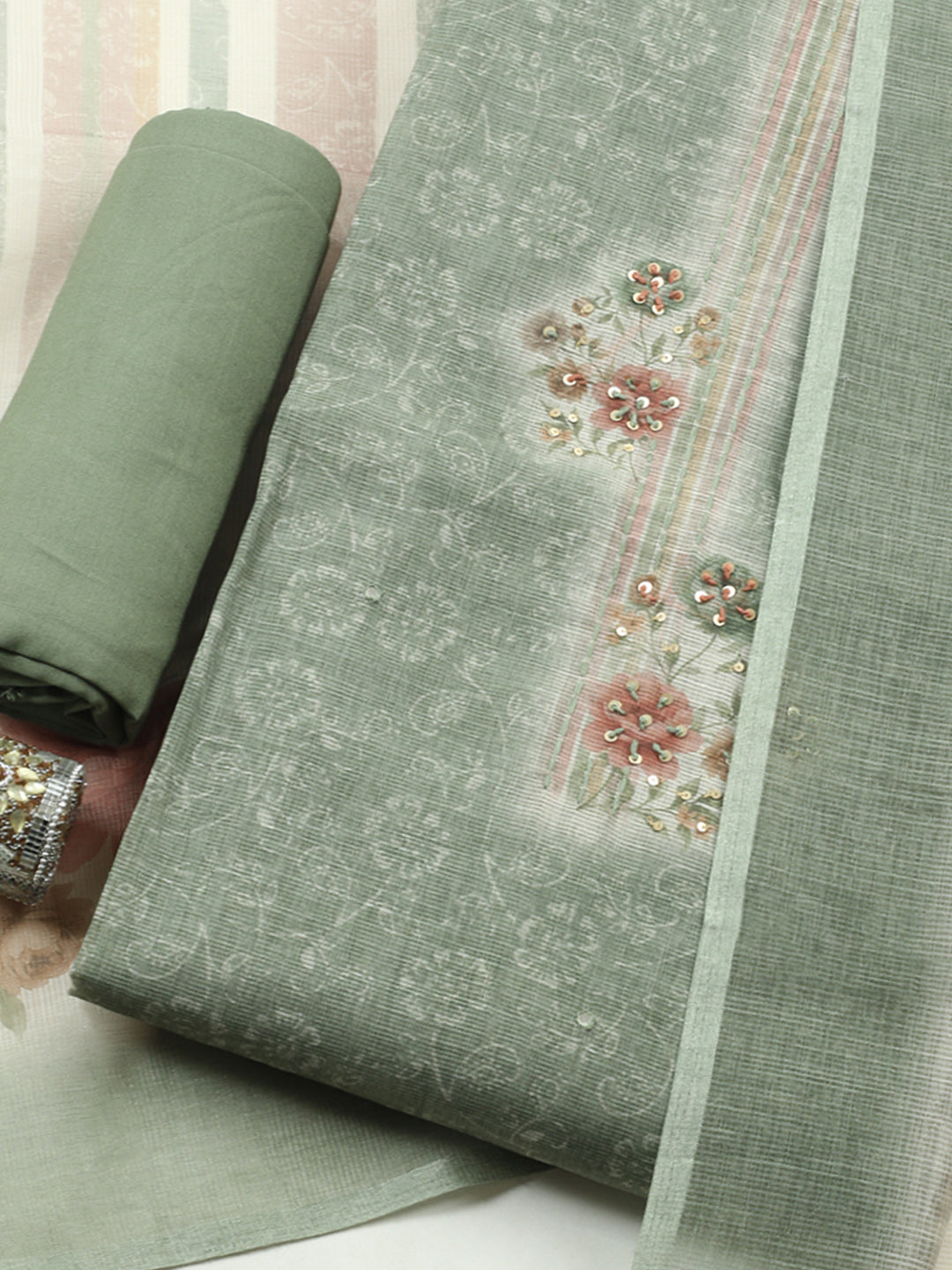 Printed Linen Blend Unstitched Suit With Pant &amp; Dupatta