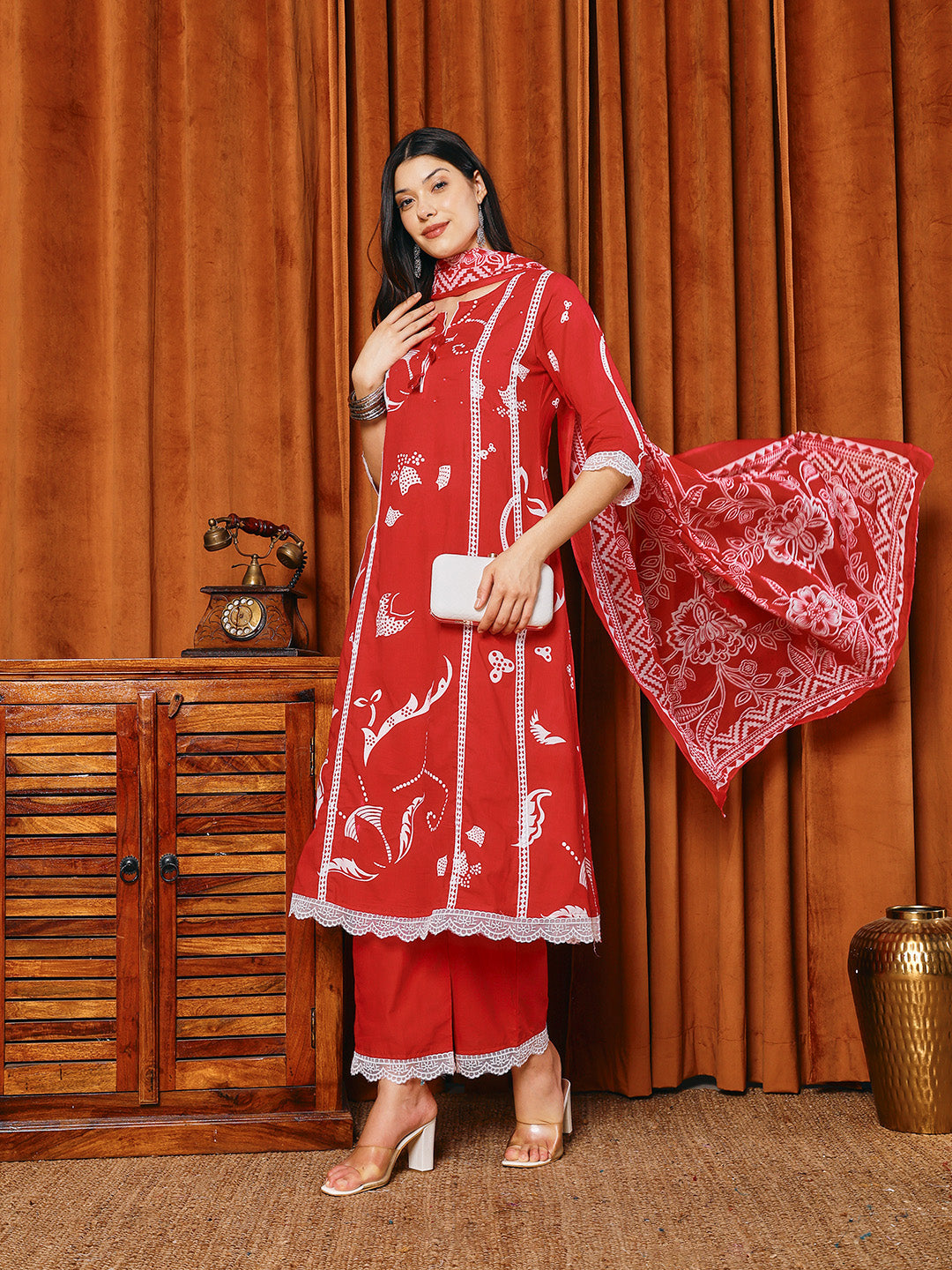 Printed Cotton Blend Kurta With Pants &amp; Dupatta